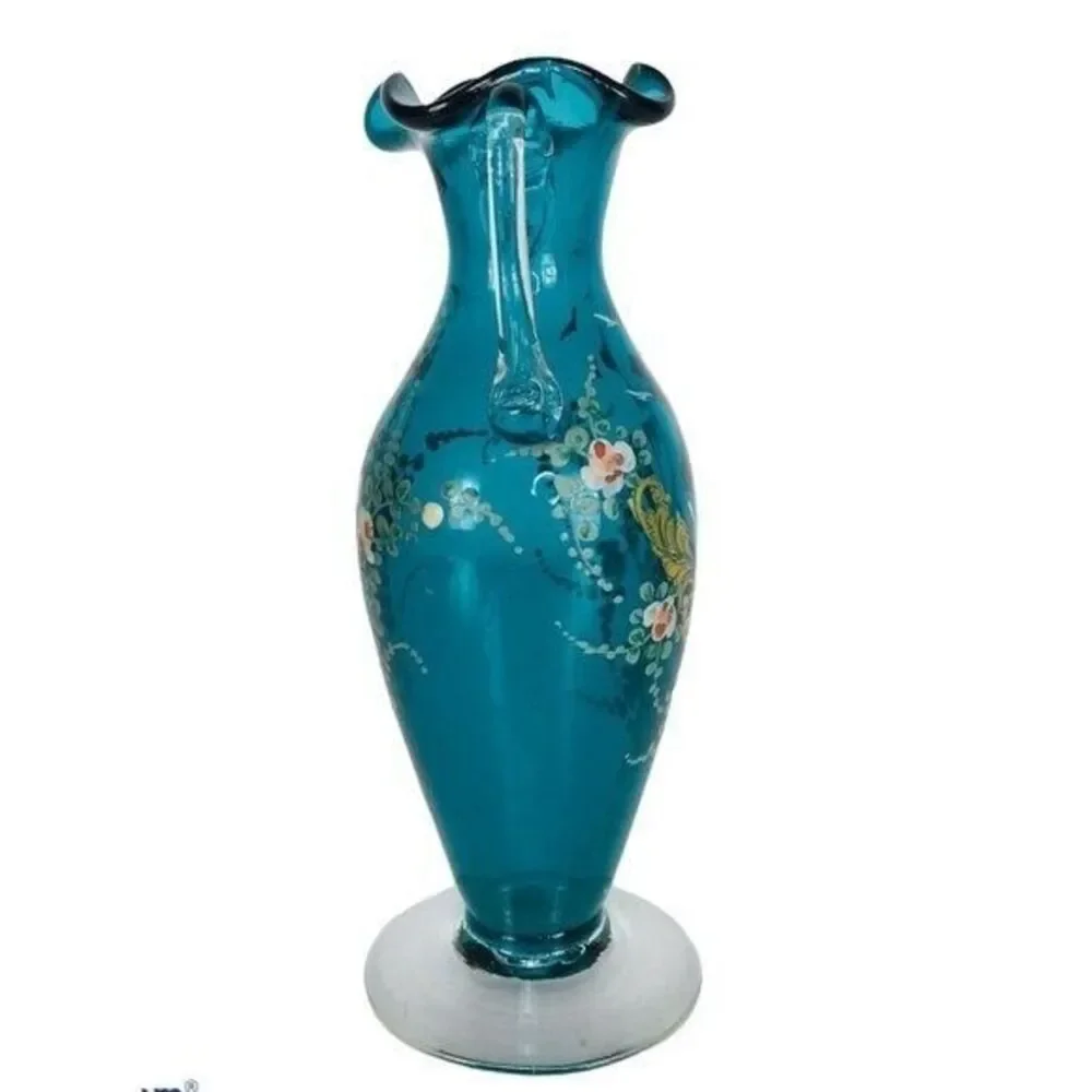 1900s Victorian Hand Painted Teal Gold Leaf Floral Blown Glass Ruffle Vase